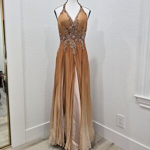 Burnt Orange Formal Gown Dress Halter Top Beaded Couture Size 4